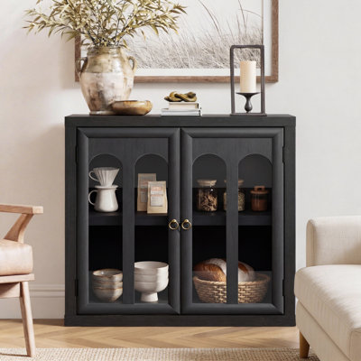 31" Arched Glass Door Accent Cabinet with LED Light, Modular Display Storage Cabinet with Adjustable Shelf
