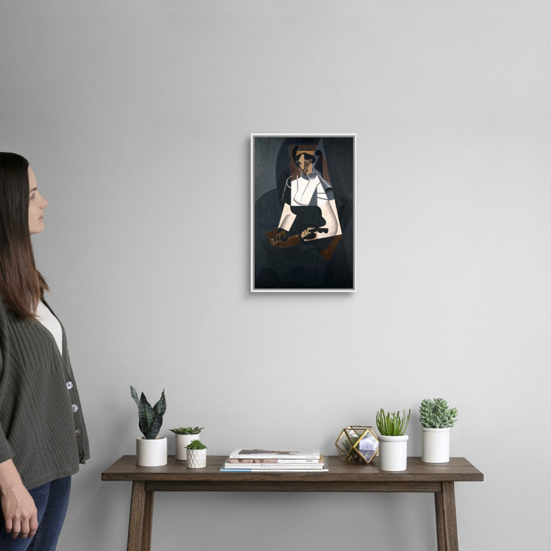 «Woman With Mandolin, After Corot» par Juan Gris - reproduction d'art sur toile, H 20 po x l 14 po x P 1,75 po, Cadre blanc