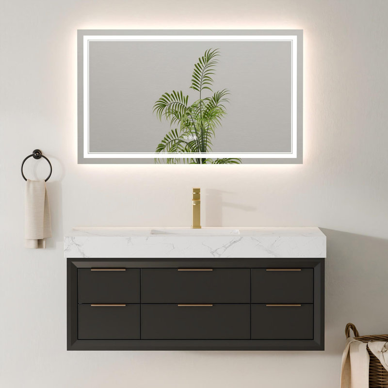 48" Wall-Mounted Single Sink Bathroom Vanity With White Stone Countertop, LED Light & 6 Soft-Close Drawers, Modern Design