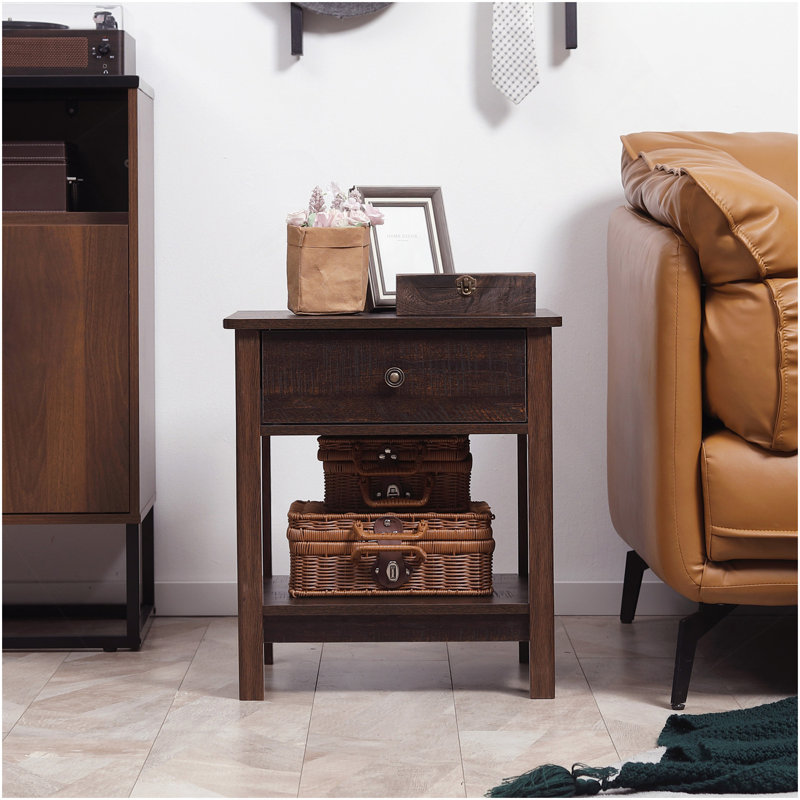 Table de bout avec tiroir, table d'appoint avec tablette supérieure et inférieure pour petits espaces, brun foncé