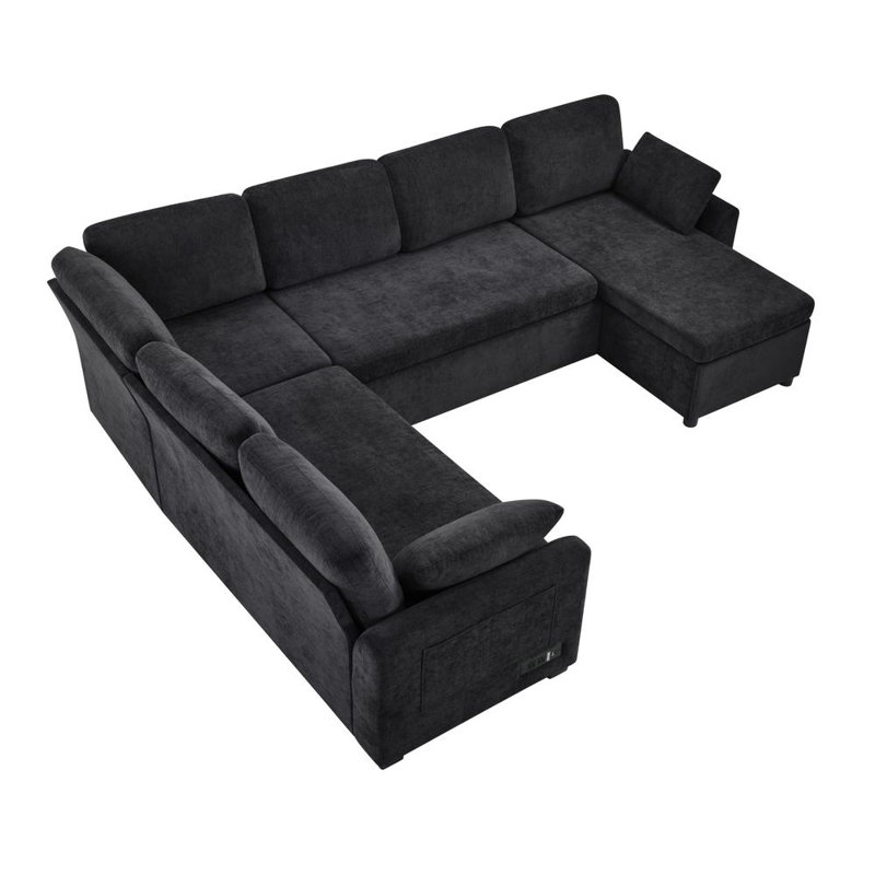 U-shaped Sectional Sofa with Storage Pockets, Convertible Sofa Bed, Chenille - Black