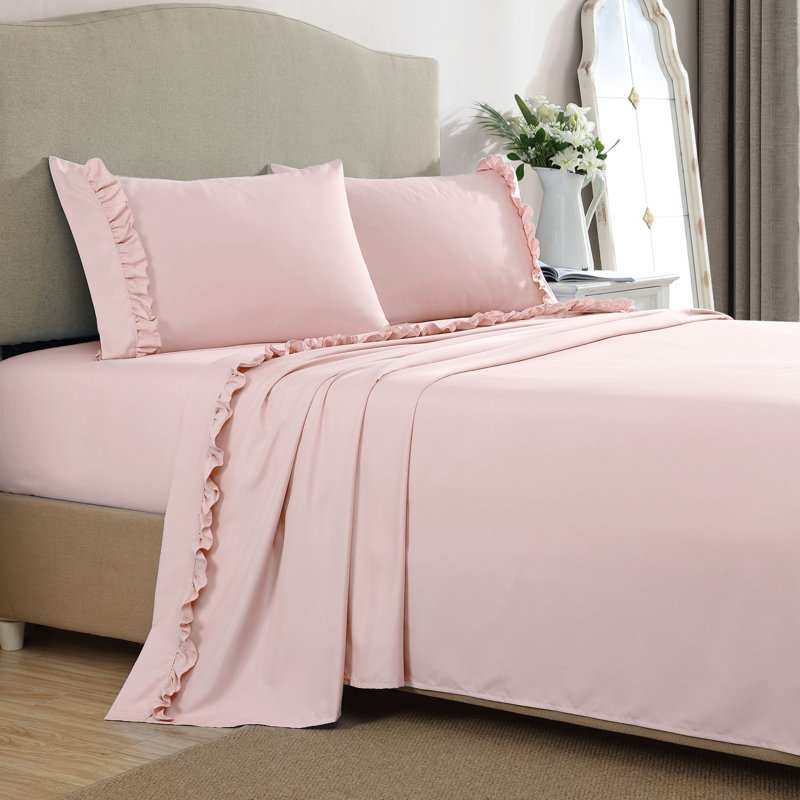 Blush Pink Ruffled Hem Microfiber Full Sheet Set