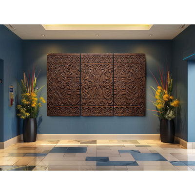 Ornate Wood Carving Canvas Print - 3 Panel Triptych Wall Art, Rustic Brown Mandala Decor - Vintage Floral Engraving Large Home Gallery Gift