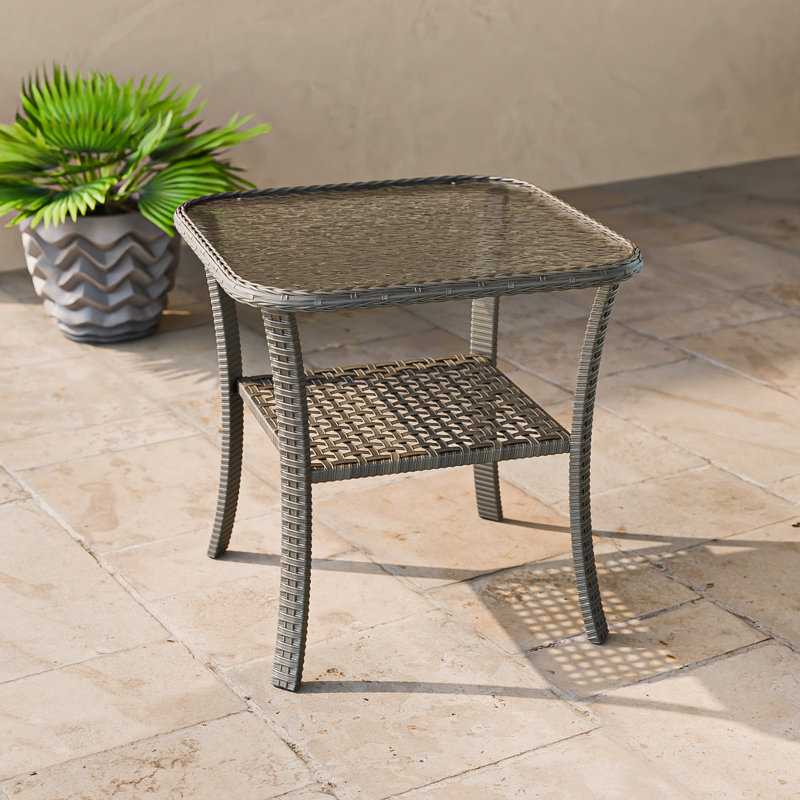 Table d'appoint en osier et rotin avec plateau en verre, Gris délavé