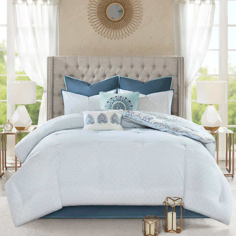 Édredon réversible 8 pièces en coton bleu grand avec imprimé de médaillons colorés, taille unique, motif floral botanique, lavable à la machine