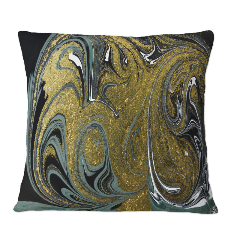 Blue And Golden Marble Waves - Modern Printed Throw Pillow, 16" x 16"