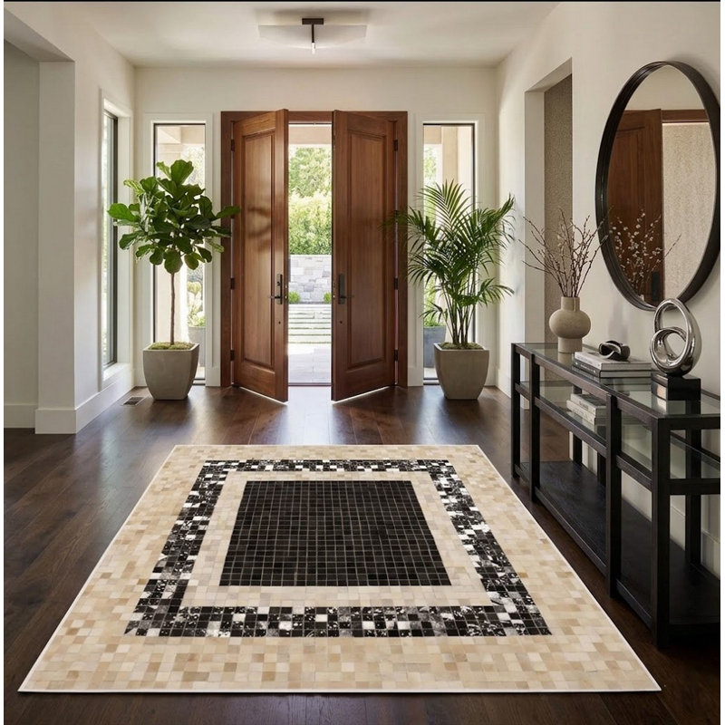 Tapis oriental beige moderne en cuir et en similicuir 5X8, Carré 6 pi