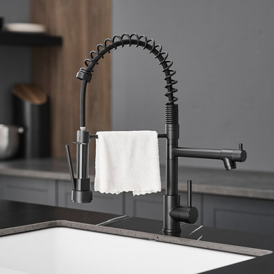 Black Kitchen Sink Faucet With Pull Down , 304 Stainless Steel, Soap Dispenser, Single Hole, Handle, Deck Plate Commercial Style
