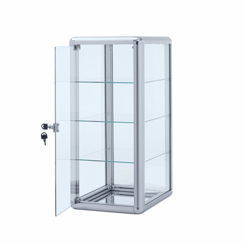 Vitrine de comptoir en verre trempé Aminatou avec porte coulissante en verre et serrure, Argent