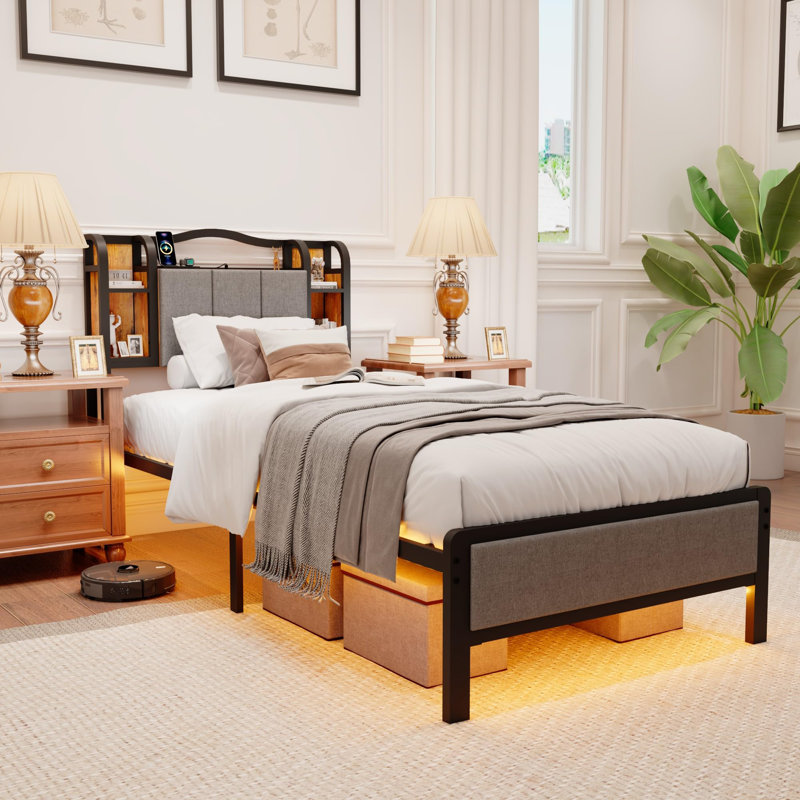 Upholstered Bed Frame With Led Lights & Charging Station, Twin XL