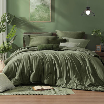 Queen Olive Green Comforter Set – 7-Piece Reversible Bed in a Bag with Soft Comforter, Sheets, Pillowcases & Shams