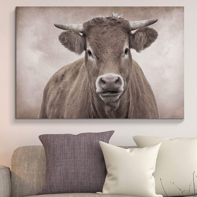 Cow " Cow Portrait On Graphite Background Animals Wilderness ", 24" H x 36" W x 1.5" D