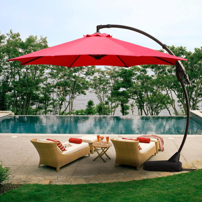 12Ft Cantilever Umbrella With Base Outdoor Large Round Aluminum Offset Umbrella For Patio Garden Backyard (Red)
