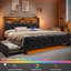 Lit tapissier avec cadre en bois, 4 tiroirs de rangement, cadre de lit moderne avec station de charge et lumières DEL, tête de lit incluse, double / gris-108946935-108946934