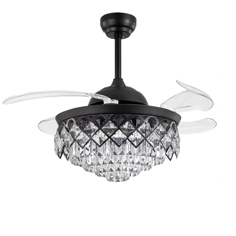 42" Retractable Blades Crystal Ceiling Fan with LED Light & Remote Control, 3-Speed Dimmable Modern Black Ceiling Fan for Living Room, Bedroom, Dining Room