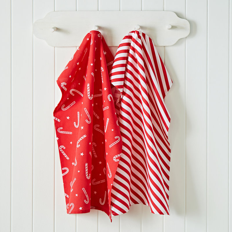 Christmas Candy Cane Cotton Kitchen Tea Towel Pack of 4
