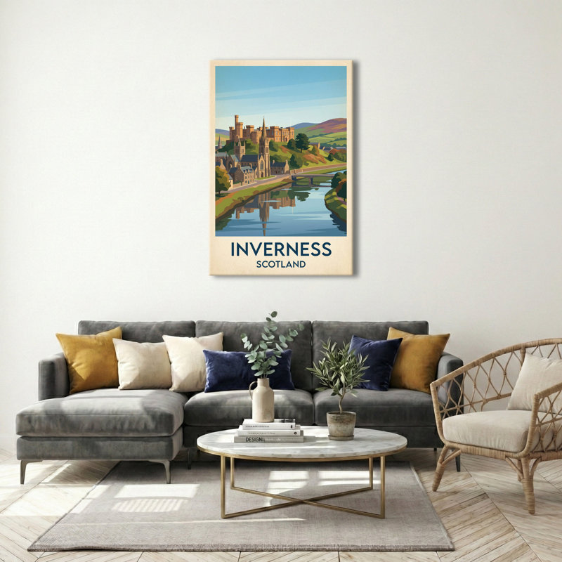 Inverness, Scotland - Romantic Highlands Travel Poster: Castle On The River. Giclee Print On Wrapped Canvas. Wall Art, Home Decor - Cities & Towns, Scotland - Wrapped Canvas Print