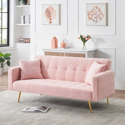 Canapé-lit 71,7 pouces en molleton rose avec deux coussins décoratifs