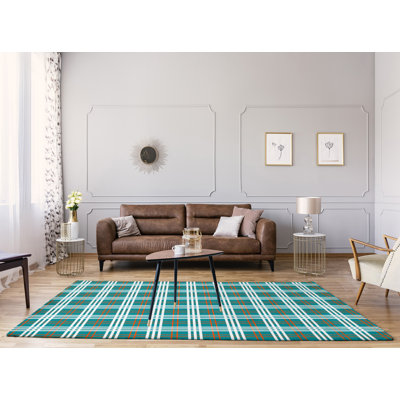 Carreaux bleu sarcelle/blanc Tapis décoratif fait à la main