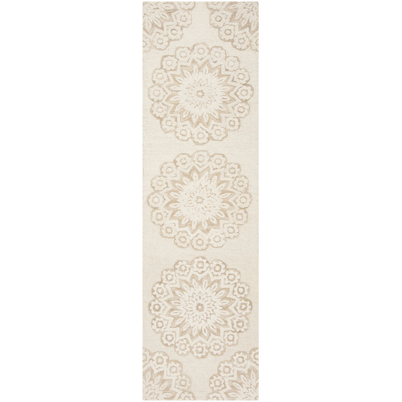 Tapis ivoire en laine touffeté à motif floral Jahiem, Tapis de couloir 2 pi 3 po x 14 pi