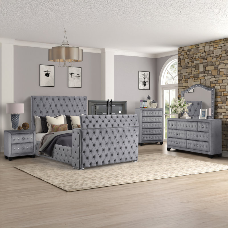 Ensemble de chambre à coucher 5 pièces Mikilah, Très grand, Gris
