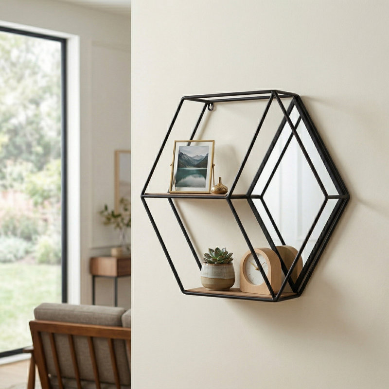 Geometric Metal and Wood Wall Storage with Mirror Accents, Modern Hexagonal Floating Shelf, Stylish Decorative Organizer