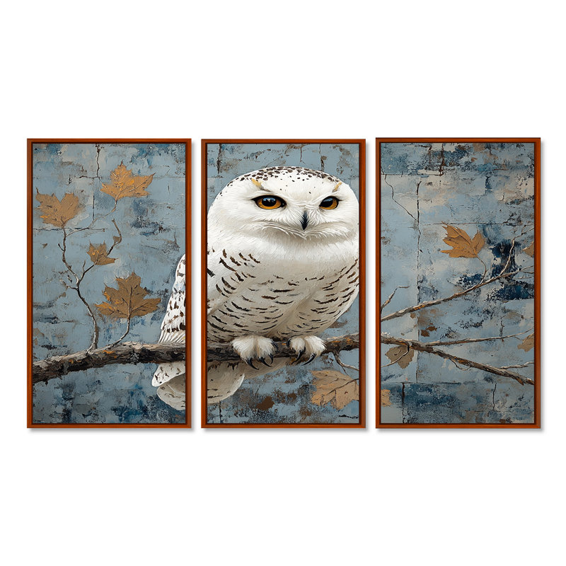 Chouette blanche enneigée ornée d'or - ensemble d'art mural hibou, Toile avec cadre flottant brun, H 32 po x l 48 po x P 1 po
