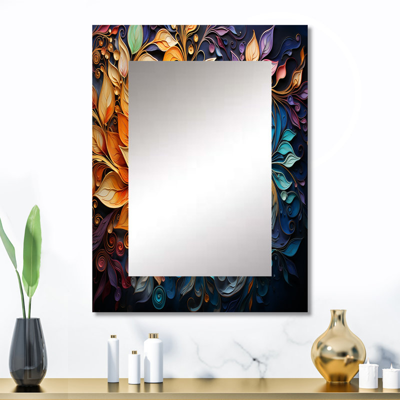 Art coloré indien coloré, Rangoli I - miroir d'art indien, miroir mural unique mondial, impression sur métal, 32 po x 24 po