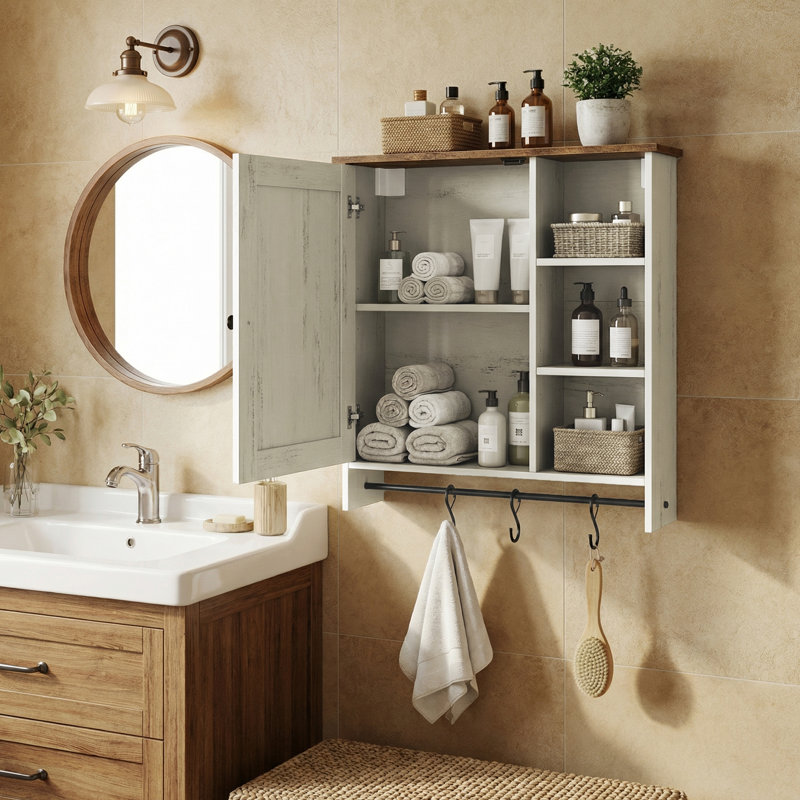 Armoire de rangement murale pour salle de bain avec barre à serviettes et crochets