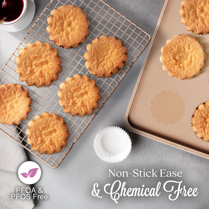 3 Cookie Sheets For Baking + Cooling Rack, Non Stick Baking Sheet Set With Cookie Cooling Rack - Half/Quarter/Jelly Roll Pan With Wire Rack, Sheet Pan Set Of 3