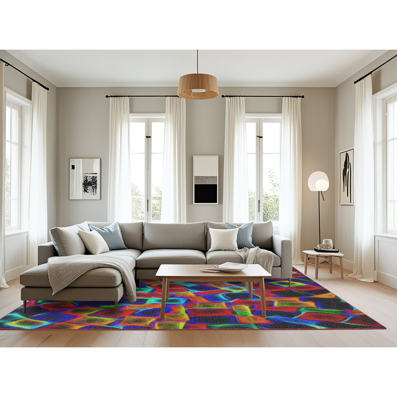 Tapis rouge/vert/bleu tissé à la machine, Rectangle 8 pi x 10 pi