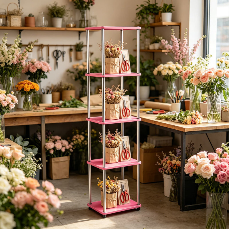 Étagère à 5 niveaux Designs2Go No Tools, finition rose et chrome, structure en acier robuste avec tablettes en bois manufacturé