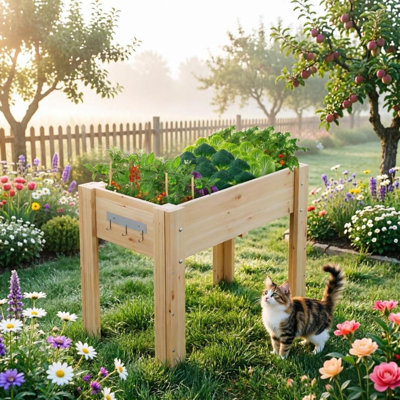 Lit de jardin surélevé de 34 x 18 x 30 po avec crochets, bac à fleurs surélevé en bois, résistant à la rouille, naturel