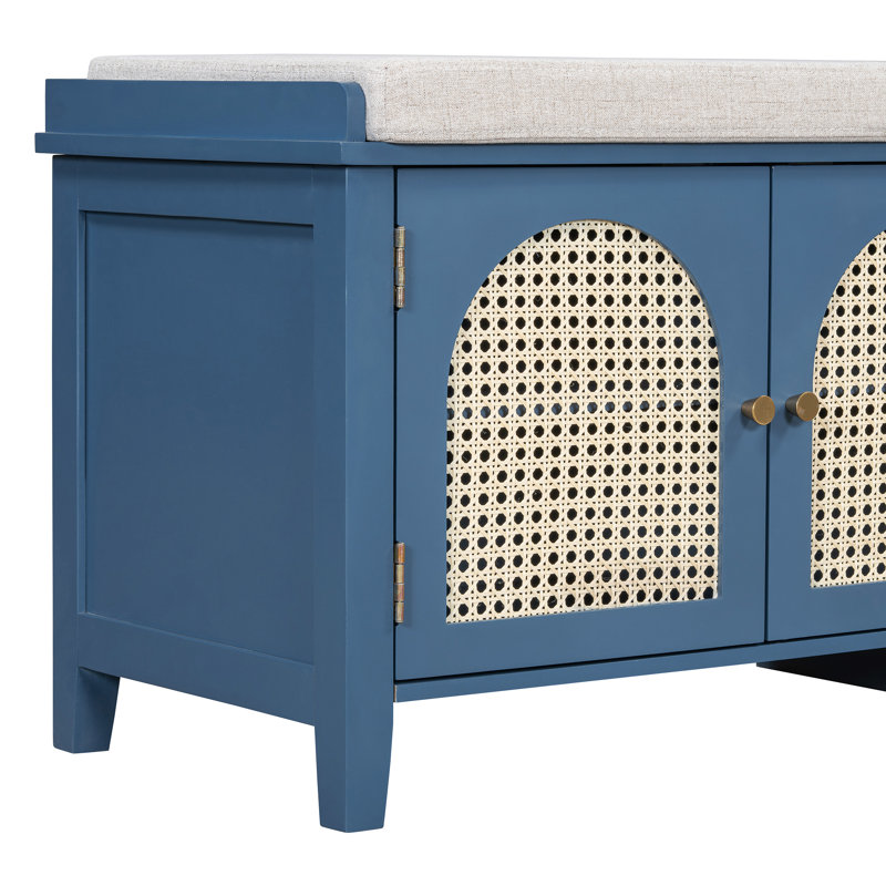 43.5"W Shoe Storage Bench, Shoe Storge With 2 Drawers And 2 Rattan Door, Blue