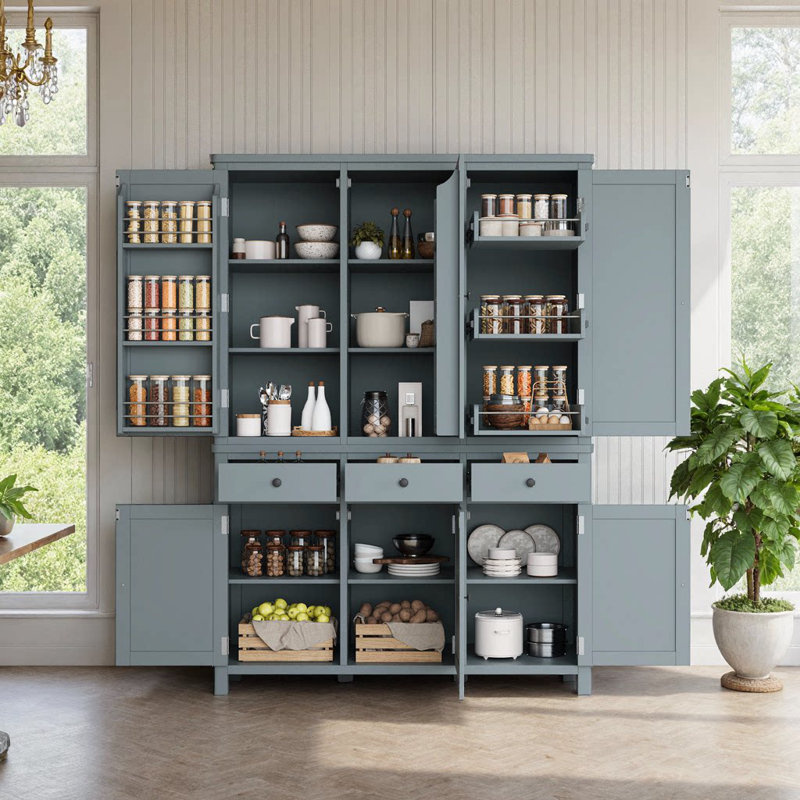 Armoire de cuisine surdimensionnée autoportante avec 6 portes réglables et plateaux coulissants, Gris