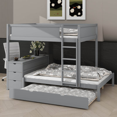 Full-Over-Full Bunk Bed With Twin Trundle, Storage Space & Desk