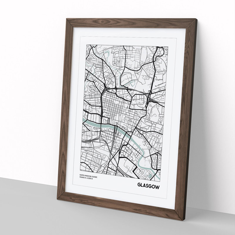 Map Glasgow UK - Picture Frame Graphic Art, 36cm H x 27cm W x 2cm D, Walnut Framed