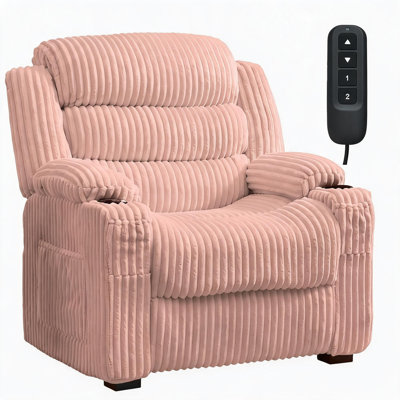 Fauteuil inclinable électrique surdimensionné pour adultes, siège extra-large de 66 cm (26 po) - Inclinaison électrique avec télécommande à mémoire, moteur silencieux - Chargement USB/Type-C, porte-gobelets et poches latérales - Rose en velours côtelé