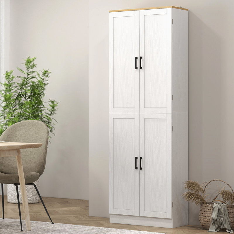 67" Freestanding Pantry Cabinet, 4 Doors With Adjustable Shelves, White For Spacious Kitchen Storage, 4-Door Cabinet Distressed Style