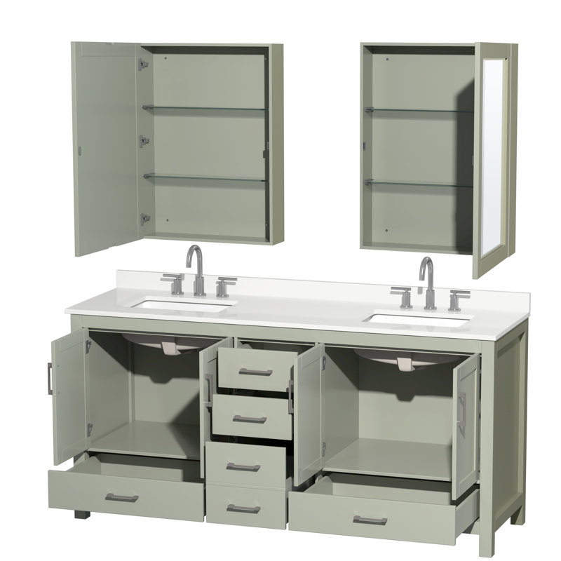 Sheffield 72" Freestanding Double Bathroom Vanity with Quartz Top with Medicine Cabinets, Green, Brushed Nickel