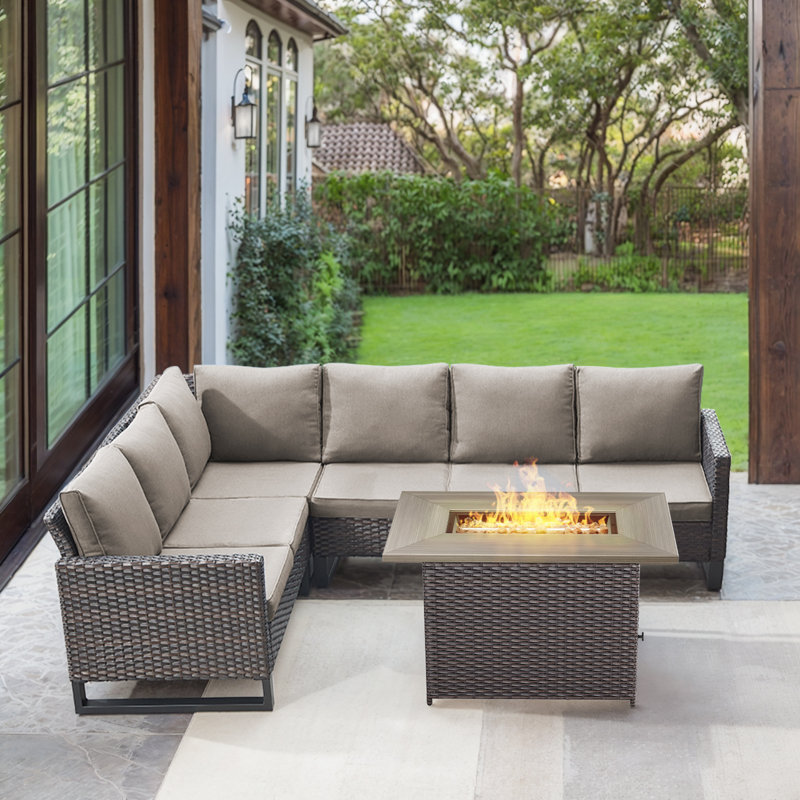 Ingvald 6- Person Outdoor PE Wicker Sectional Seating Group with Fire Pit Table and Cushions, Brown, Gray