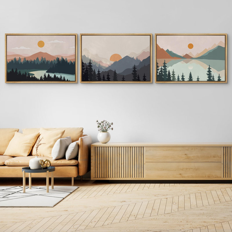 «Woodland Nursery Decor Sunrise Pastel Mountain River Nature Landscape», 3 pièces, H 16 po x l 24 po, Encadré naturel