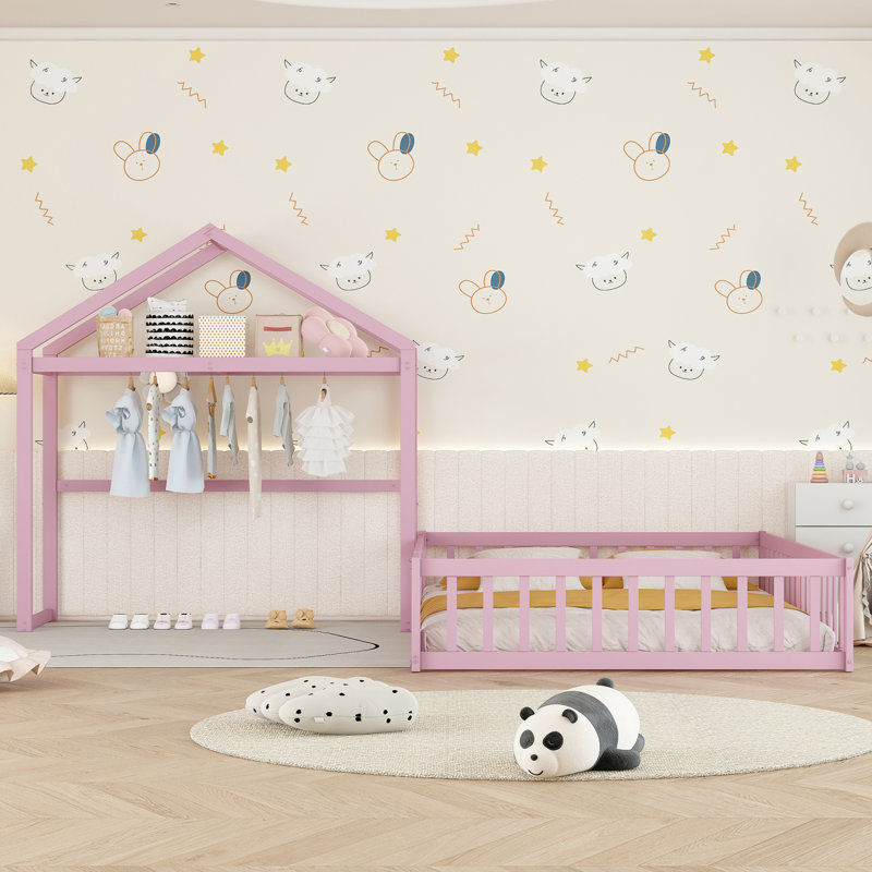 Lit en bois avec rampes et tête de lit détachable en forme de maison, lit double avec support pour enfants, structure de maison de jeu de style Montessori pour filles, rose