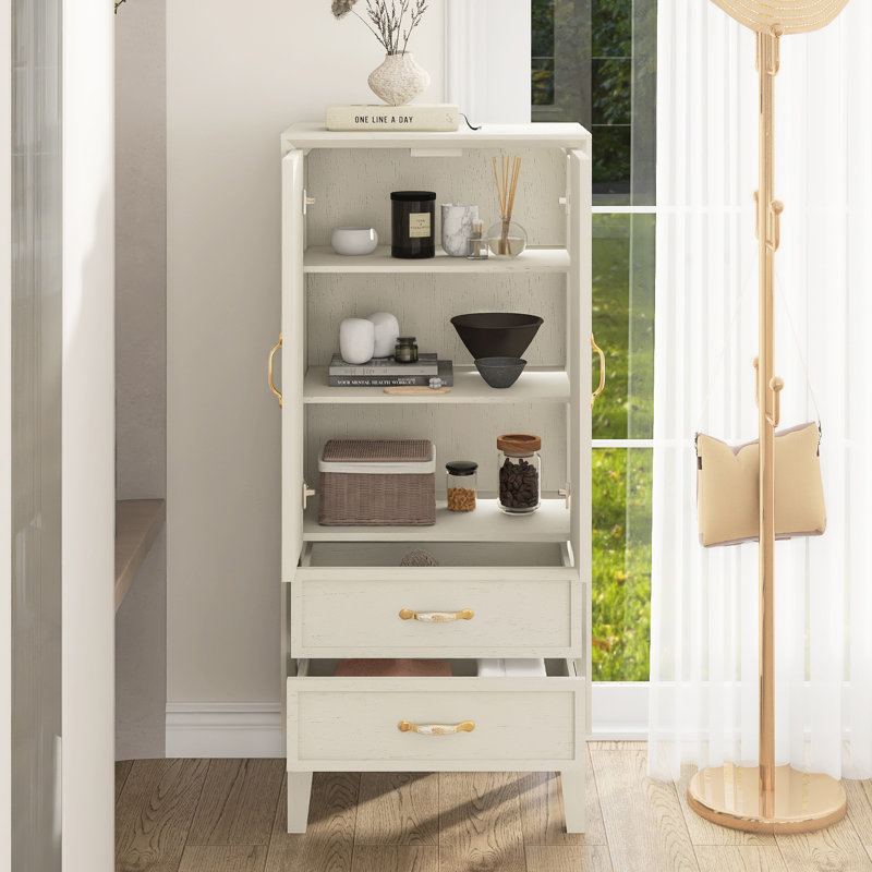 53.5" Tall Mid Century Modern Storage Cabinet With 2 Adjustable Shelves, 2 Drawers, White