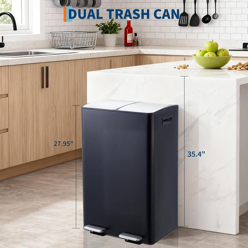 Poubelle double 16 gallons en acier inoxydable avec poubelle à pédale, Noir