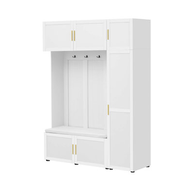 American Style 4-in-1 Hall Tree with Padded Bench, 4 Hooks, and Multi-Tier Storage Shelves, Perfect for Entryway Organization