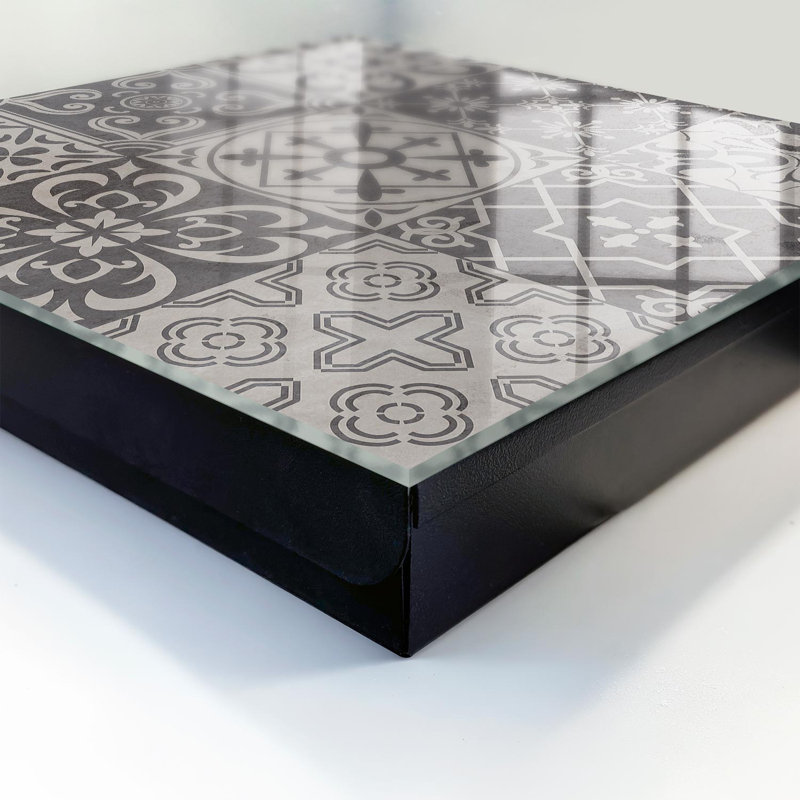 Decorative key box for wall, Opens to the right, 30x30x5, Black, Geometric mosaic patterns in shades of gray, 