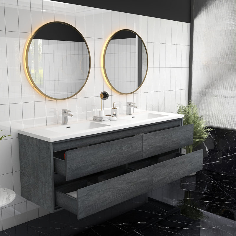 Meuble-lavabo mural double l 71 po x P 19,6 po x H 21,75 po Aurik, Chêne fumé