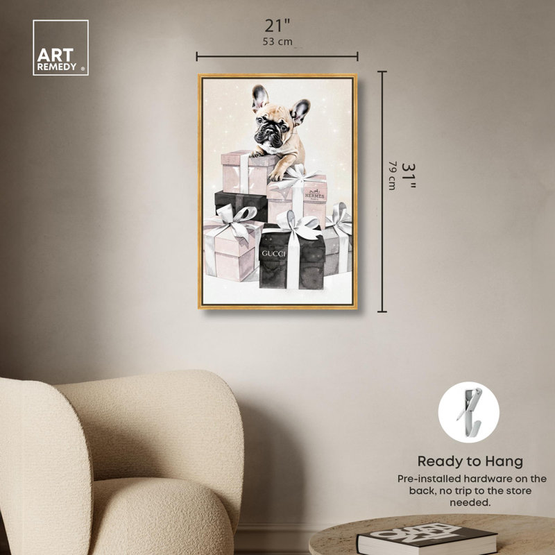 Jolies boîtes-cadeaux sur toile Frenchie , H 31 po x l 21 po, Cadre flottant doré