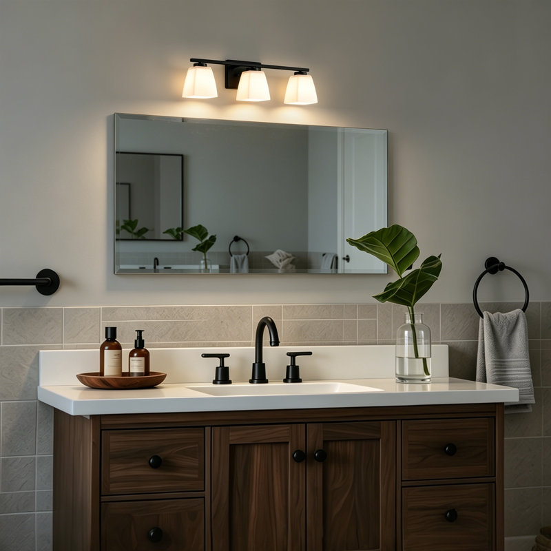 Éclairage pour meuble-lavabo moderne carré blanc en verre, Noir mat, 3 lumières